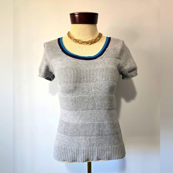 Bagatelle Gray Crew Neck Sweater with Textured Stripes , Navy And Blue Collar. S - Picture 1 of 8